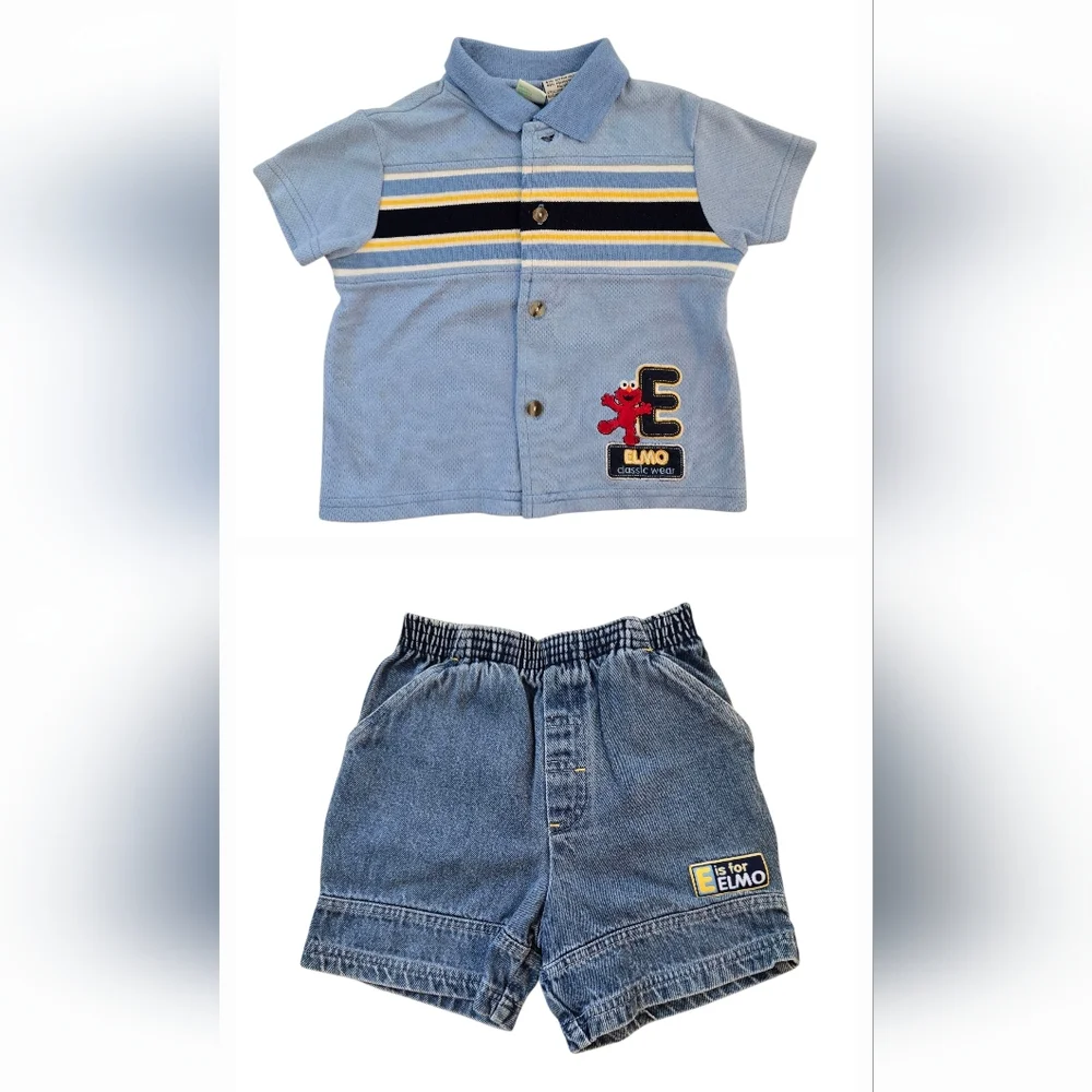 Vintage Y2k Sesame Street E Is For Elmo 2pc Shorts Polo Shirt Outfit
